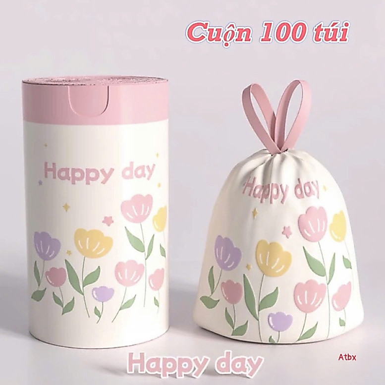Sét cuộn túi rác 100 cái hình hoa tulip hồng xinh xỉu, có dây rút gọn gàng 🎀 Anan.2store