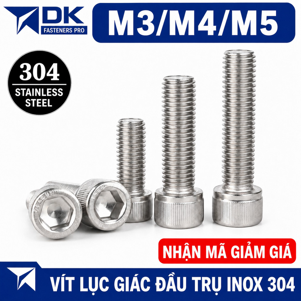 Ốc - Bulong Lục Giác Inox chìm đầu trụ có khía 304 M3 / M4 / M5 có độ dài 4mm-100mm [BL]