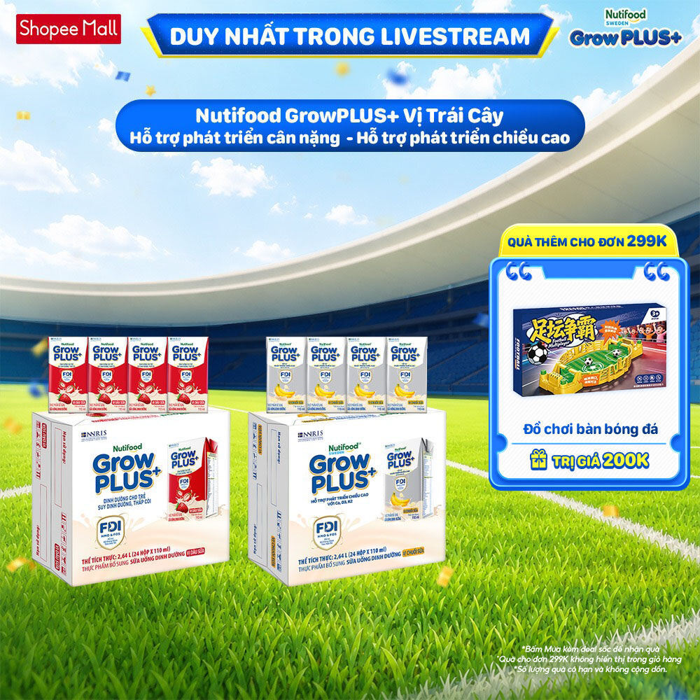 Combo 2 Thùng 24 hộp Sữa bột pha sẵn Nutifood Sweden GrowPLUS+ Vị Dâu 110ml & Vị Chuối 110ml