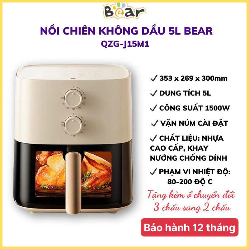 Nồi chiên không dầu Bear QZG-J15M1 dung tích 5L công suất 1500W chỉnh nhiệt và thời gian BH 12 tháng