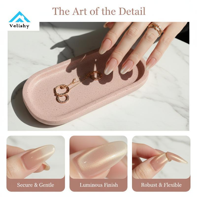 Velishy Solid Color Press On Nails, Ice Transparent Cat Eye Nails Handmade Nude Skin-Flattering Nail