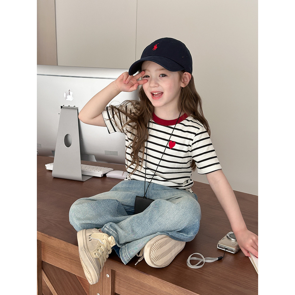 BEIFU BEIFU Trẻ Em Mùa Hè Tình Yêu Thêu Sọc Áo Thun Ngắn Tay Bé Gái Phiên Bản Hàn Quốc Tất Cả Trận Đ
