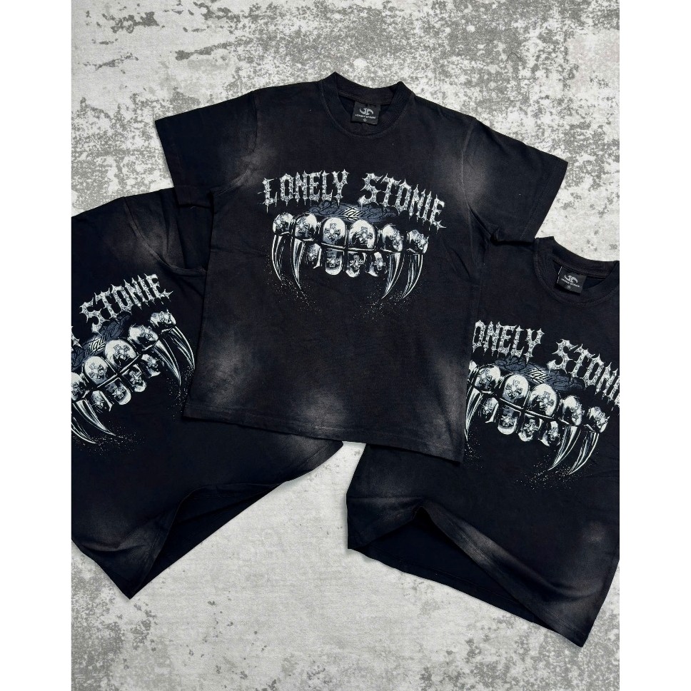 Áo phông/T-shirt Lonely Stonie "SMILEY" Washed Black, chất liệu Cotton 300GSM, hình in lụa, form Reg