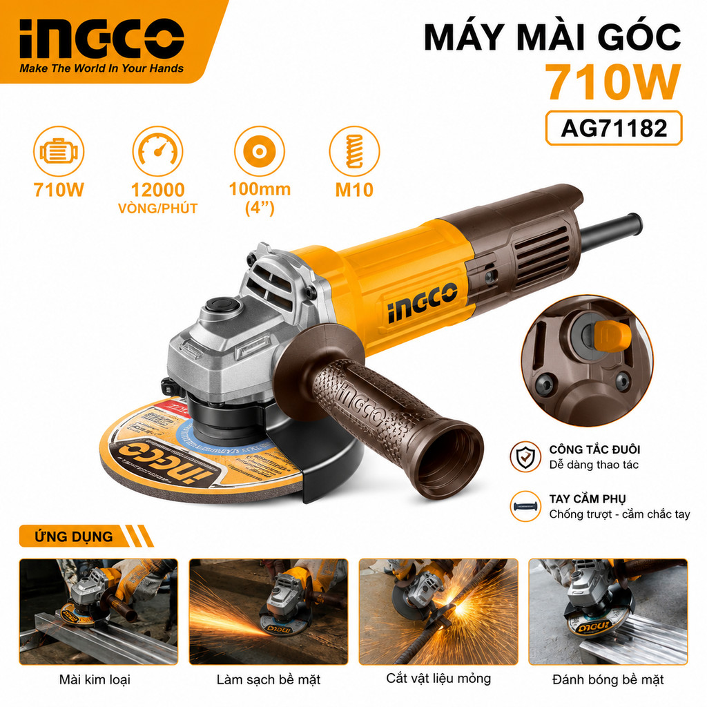 710w Máy mài góc INGCO AG71182, máy cắt cầm tay công tắc đuôi, đường kính đĩa 100mm