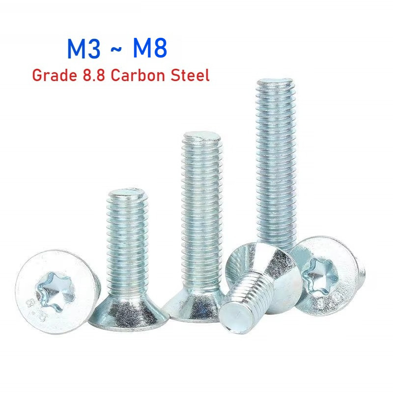 M3 M4 M5 M6 M8 Lớp 8.8 Thép Carbon mạ kẽm màu xanh sáu lỗ Torx Vít đầu chìm phẳng Bu lông