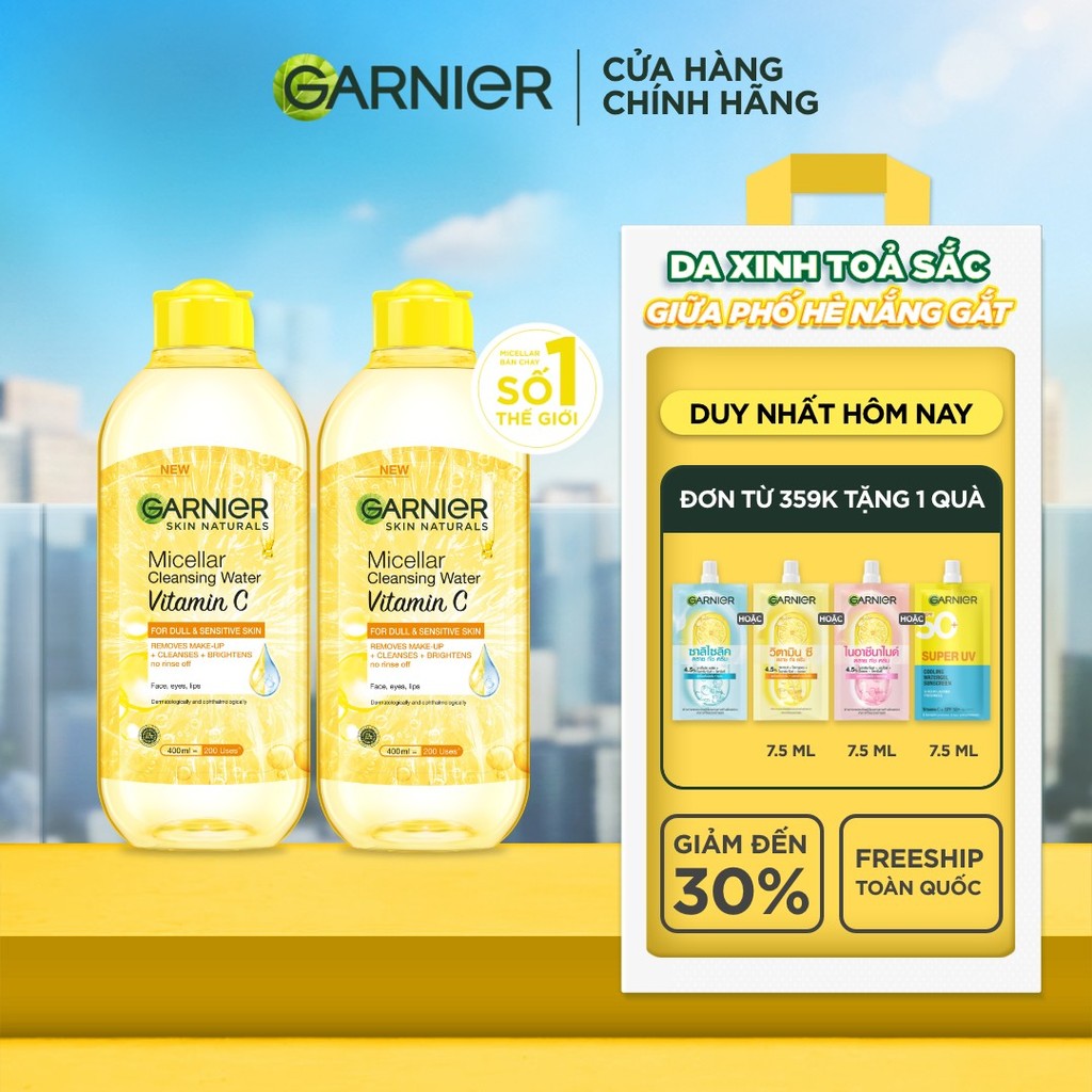 Bộ 2 nước làm sạch và tẩy trang dưỡng sáng da Garnier Micellar Water Vitamin C 400ml x 2