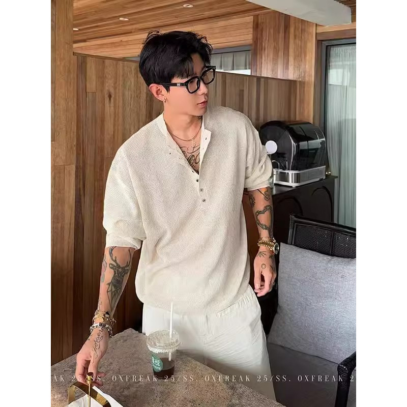 Áo Polo Tay Ngắn Cổ Henry Phong Cách Old Money Dành Cho Nam, Áo Thun Nam Dệt Kim Có Kết Cấu Vải Lanh