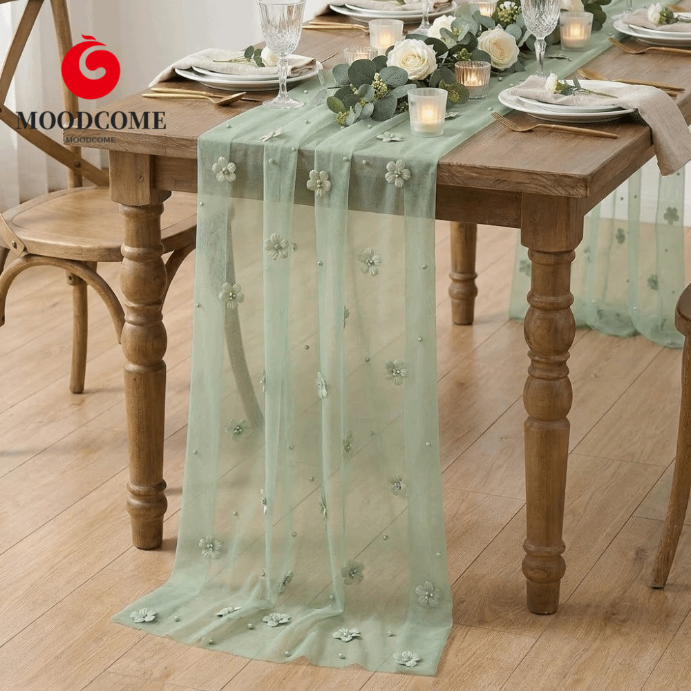 MOODCOME Hoa Table Runner, 3D Lãng Mạn Tulle Table Runner, Long Table Runner Bán Trong Suốt Nhiều Mà