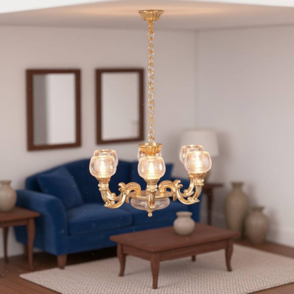 Chất liệu hợp kim Đèn trần nhà búp bê Micro Scene Prop Nhà búp bê Đèn chùm Thiết kế thực tế
