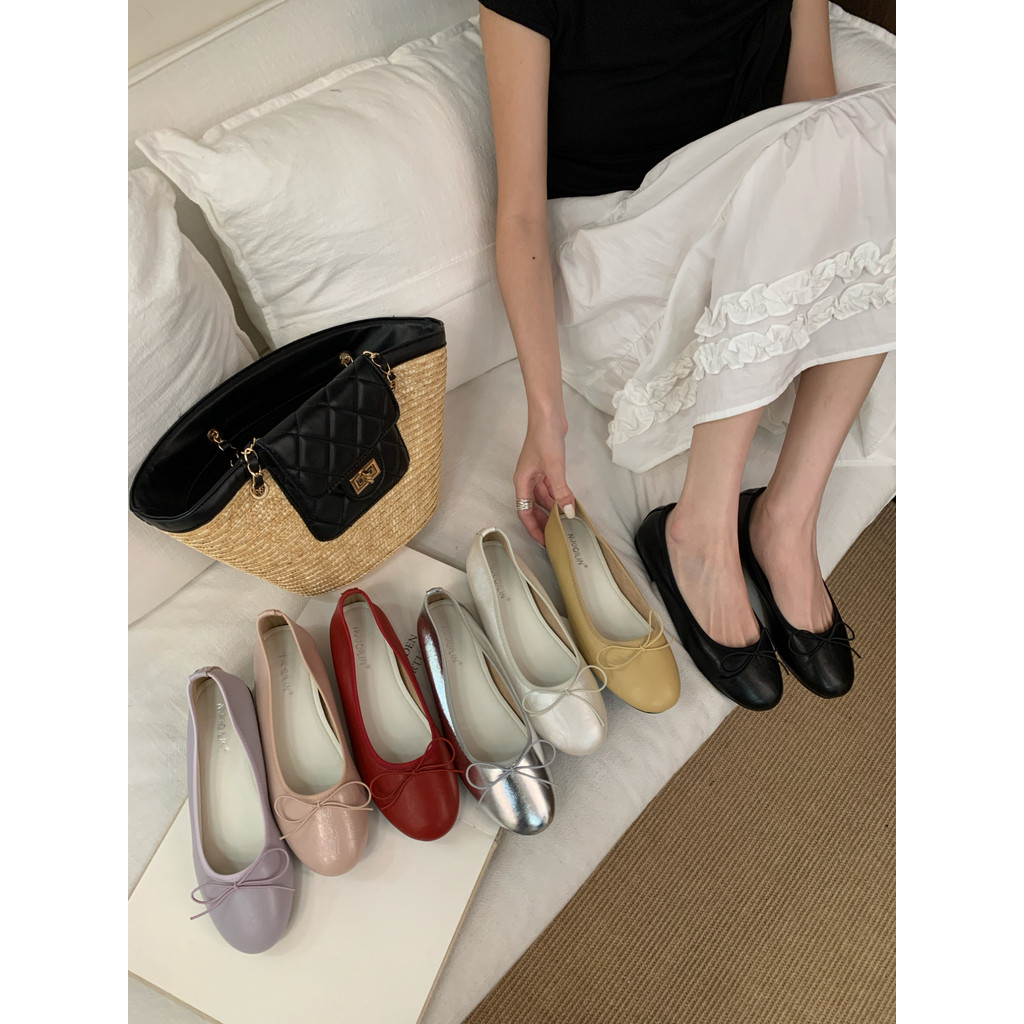【Lamode】Giày Nữ Thời Trang Nơ Mũi Tròn Nông Miệng Ballet Giày Nhỏ