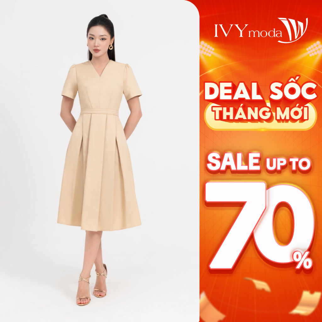 Đầm xòe Raw cloth cổ V nữ IVY moda MS 48B9813