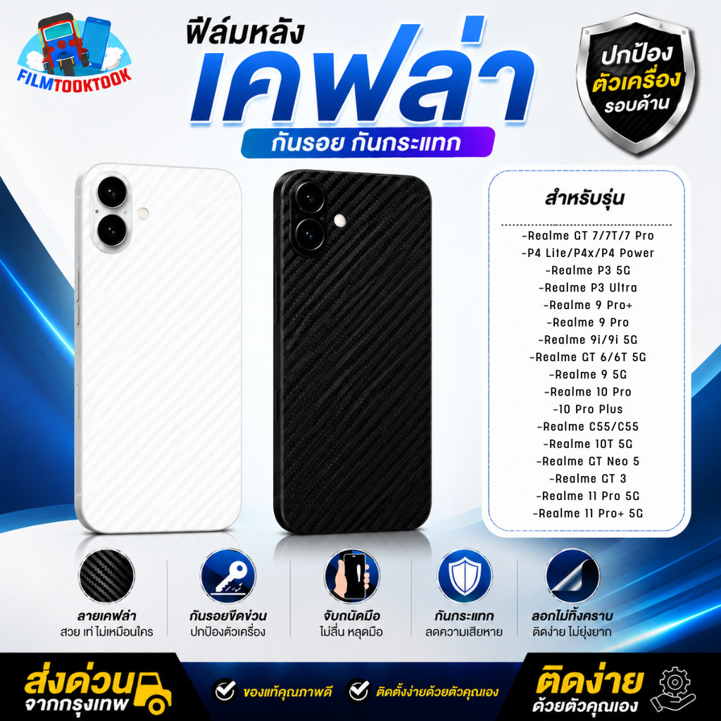 Mặt sau Kevlar Film Realme GT 7T 7 P4x P4 Lite P4 Power P3 Ultra 5G 10 Pro Plus 9i C53 9 10t C55 Neo