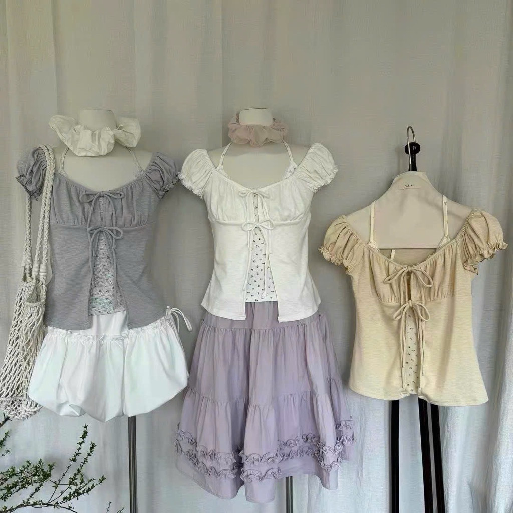 JANG STORE [HÀNG QC] Set Áo Kiểu Dây yếm hoa kèm áo thun màu trơn tay cộc 5825 jang store