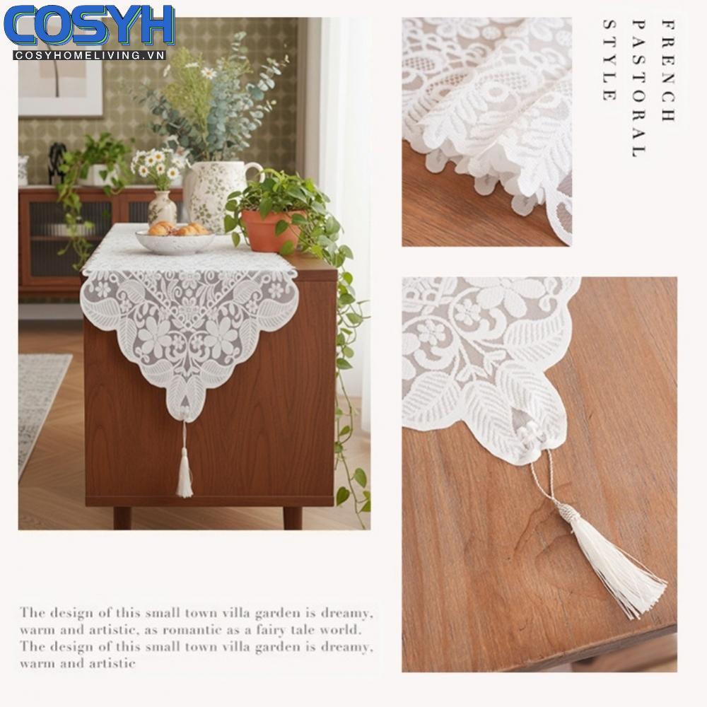 <cosyh>Elegant Lace Table Flag Cover for Dining Table or TV Cabinet with Tassel Details