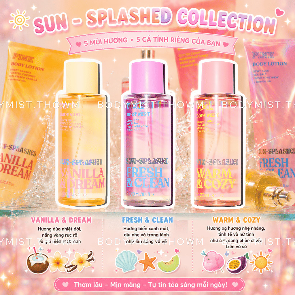 [ MINI ] SUN-SPLASHED Warm & Cozy | Fresh & Clean | Vanilla Dreamy - Xịt thơm Body Mist PINK
