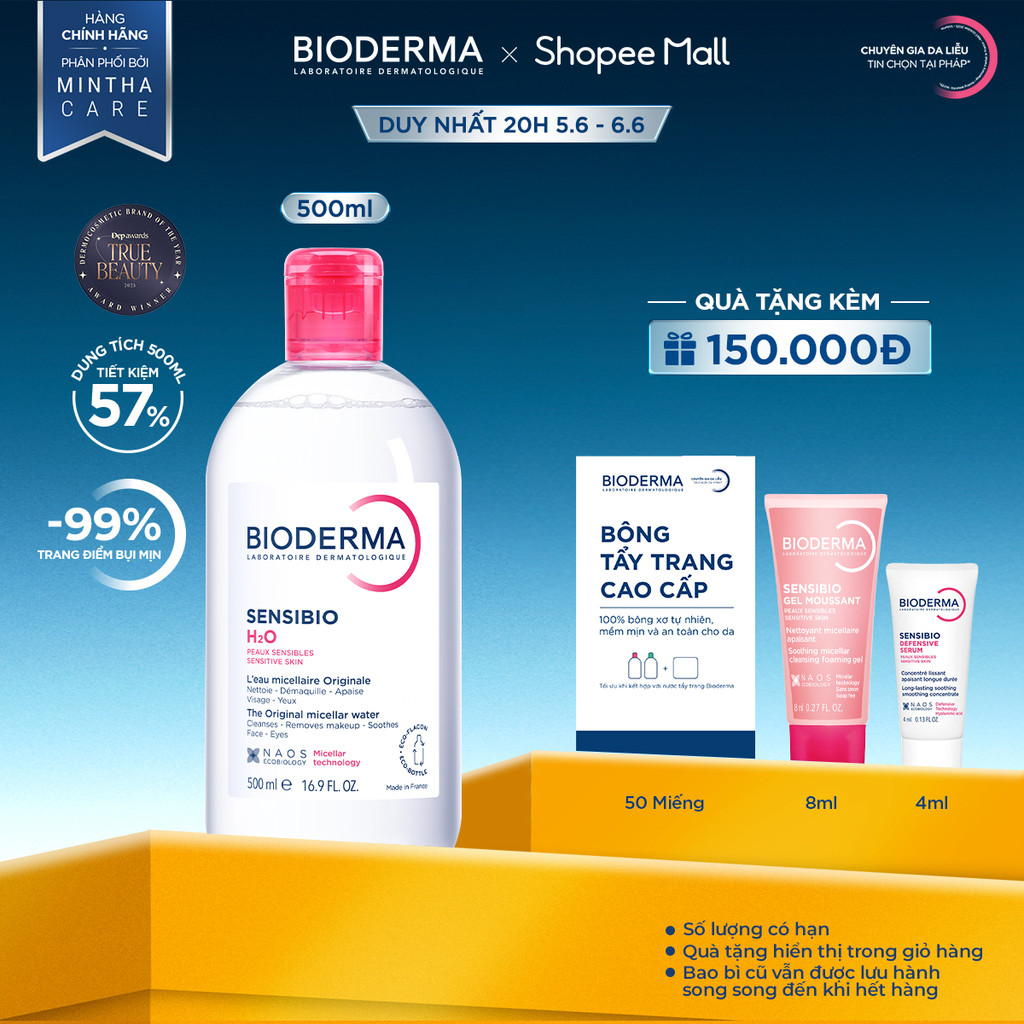 Dung dịch làm sạch và tẩy trang công nghệ Micellar cho da thường & nhạy cảm Bioderma Sensibio H2O - 500ml