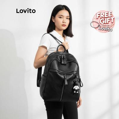Lovito Ba Lô Thời Trang Hàn Quốc Màu Trơn Cỡ Lớn Có Khóa Kéo LNA09180 Dành Cho Nữ Black