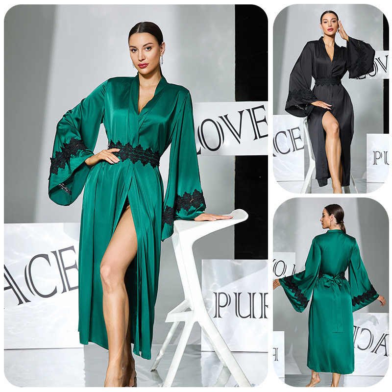 Phong Cách Nước-Tùa Hoa Dây Lưng Trumpet Tay Áo Ngủ Satin Dài Phối Dây Ánh Sáng Sang Trọng Homewear 