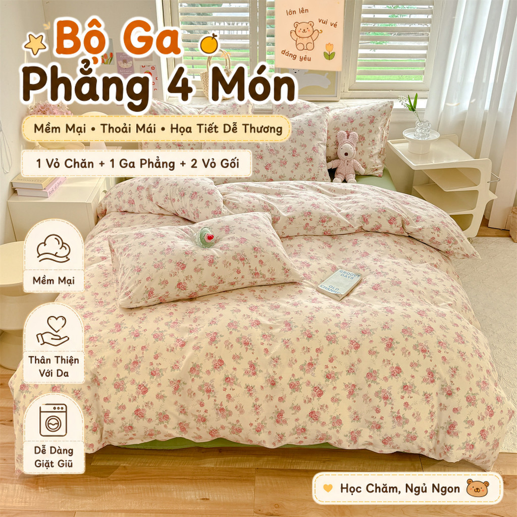 Bộ ga phẳng đa năng 4 món, dra trải giường chống nhăn mềm mại, thấm hút mồ hôi tốt cho giường ngủ