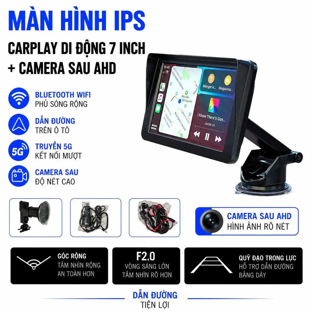 Màn hình ô tô 7 inch MP5 Bluetooth CarPlay không dây camera lùi AHD cảm ứng dẫn đường phát nhạc bảo 