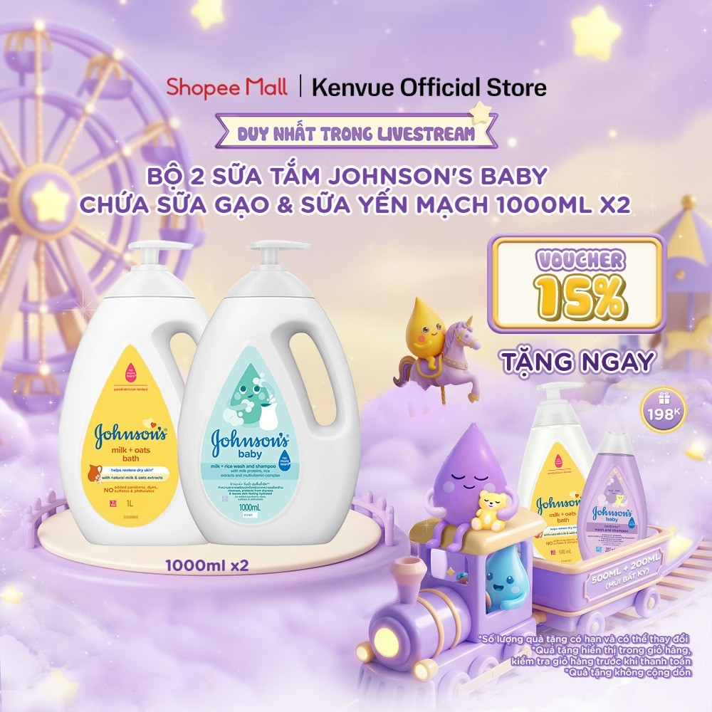 [KOL] Bộ 2 chai Sữa tắm Johnson's Baby chứa sữa gạo & yến mạch 1000ml