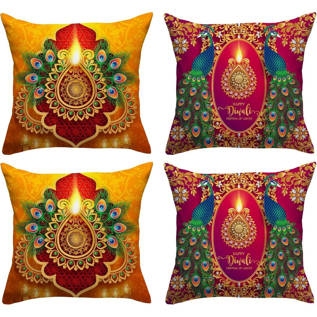 Diwali Ném Gối 18x18 Bộ 4 Diwali Light Diyas Vỏ Gối Con Công Diwali Trang Trí Ấn Độ Diwali Đồ Trang 