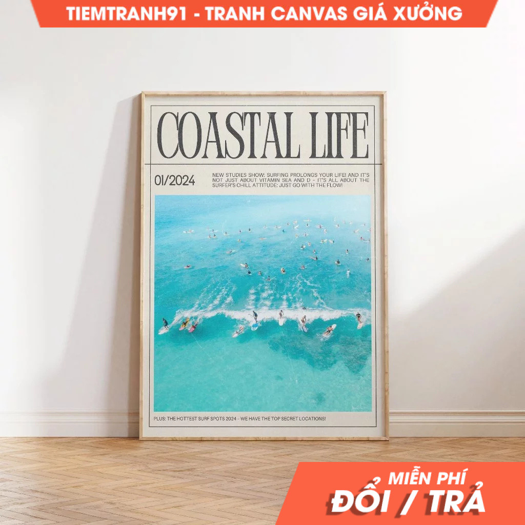 Tranh treo tường, Coastal Life Magazine Cover Retro Surf Wall Art Surf Magazine Print Preppy Coastal
