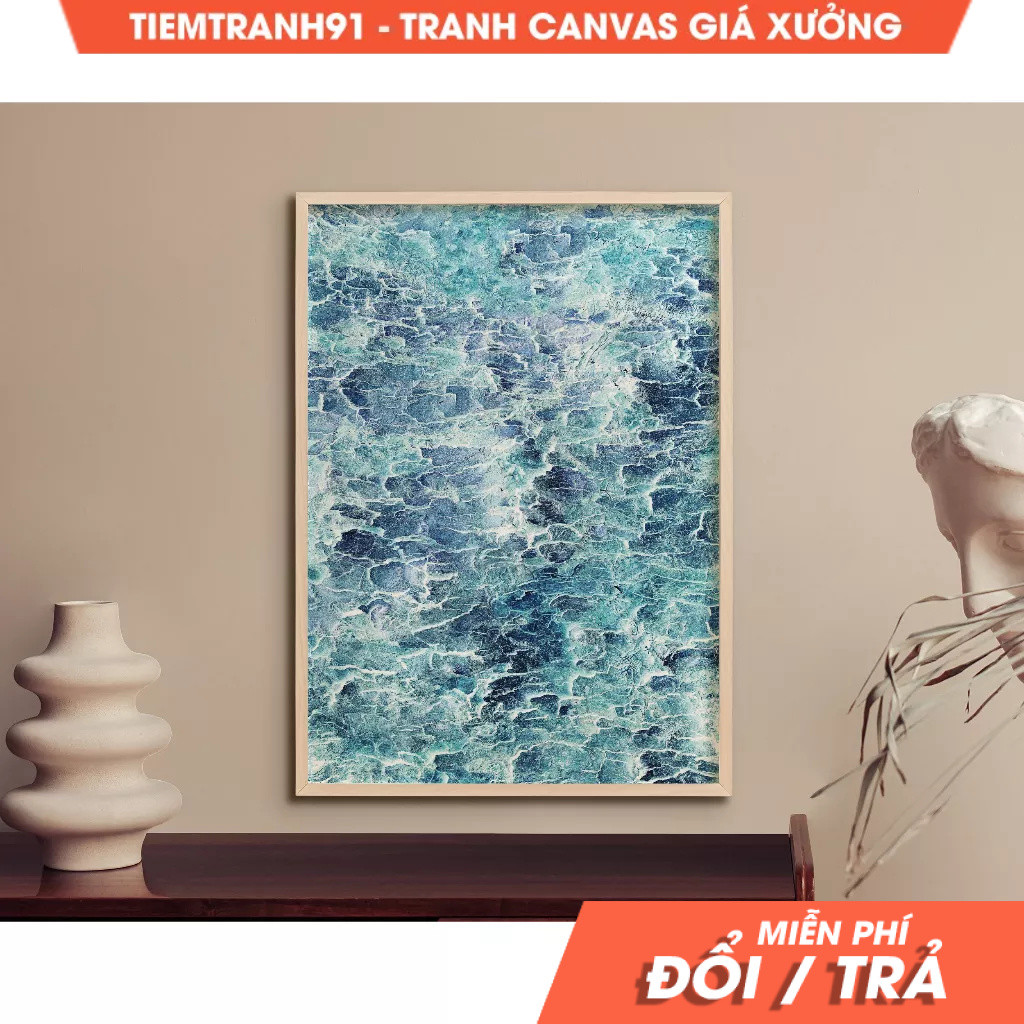 Tranh treo tường, Blue Ocean Waves Wall Art, Blue Digital Texture Waves Art, Coastal Blue Waves, tặn