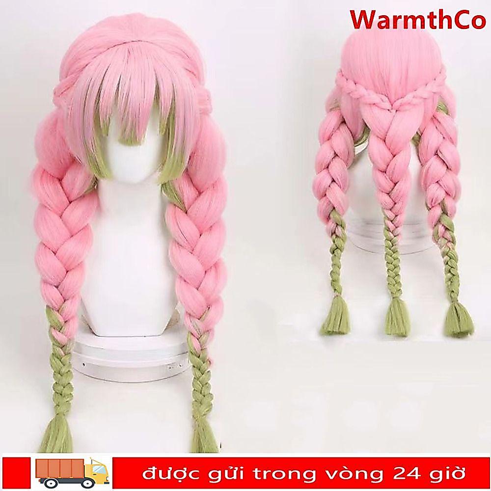 WARMTHCO Demon Slayer Cosplay Tóc Giả, Long Demon Slayer Kimetsu no Yaiba, Nhiệt Hồng Xanh Chống Mit