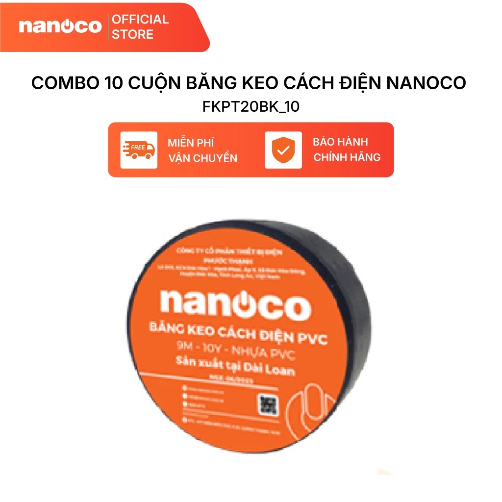 Combo 10 Cuộn Băng Keo Cách Điện Nanoco FKPT20BK Màu Đen 20 Yard Chống Cháy PVC Chính Hãng