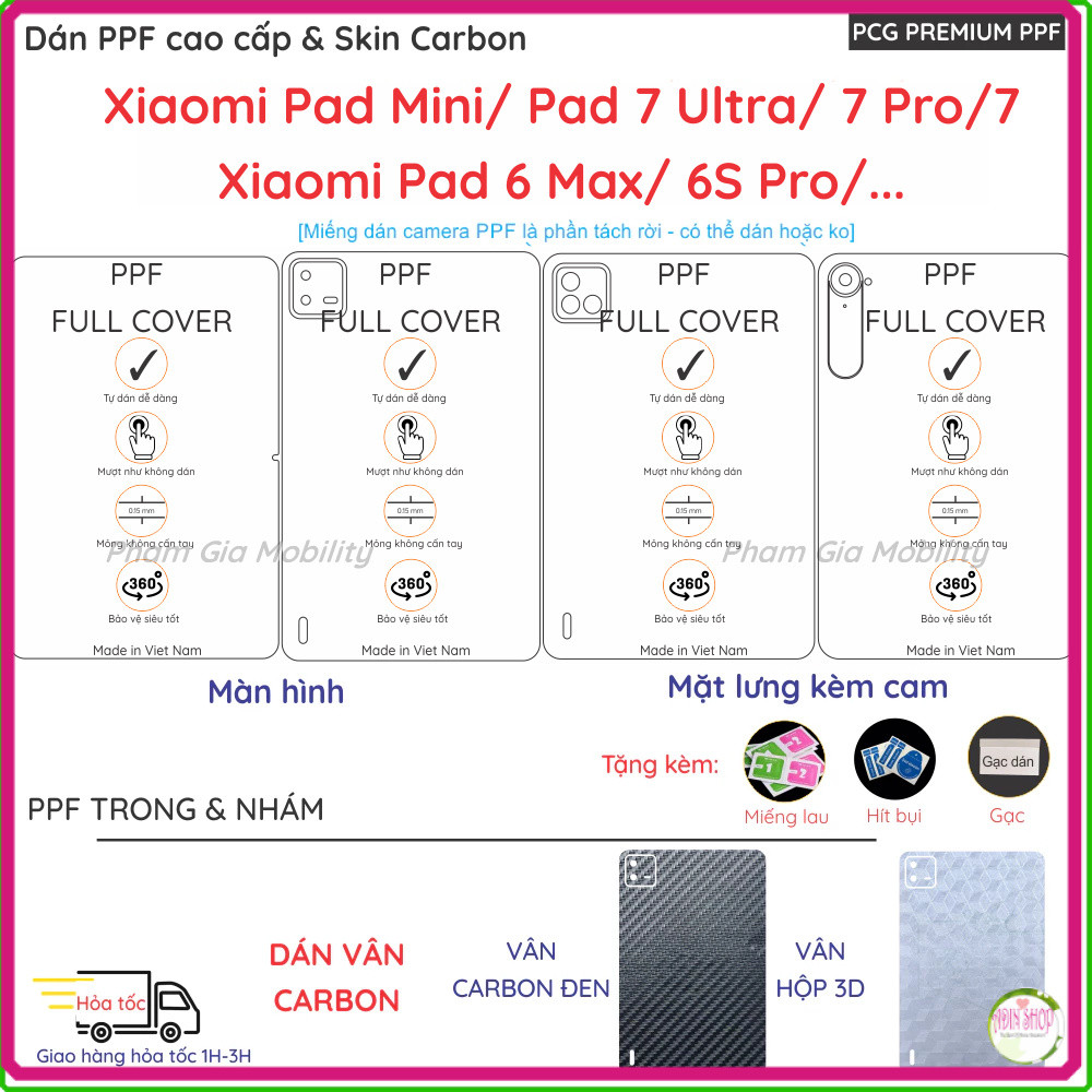 Dán PPF & Skin Carbon cho Xiaomi Pad Mini Mi K Pad 8 7 7s Pad7 Ultra/ 6 6S Pro Max cho màn hình, mặt