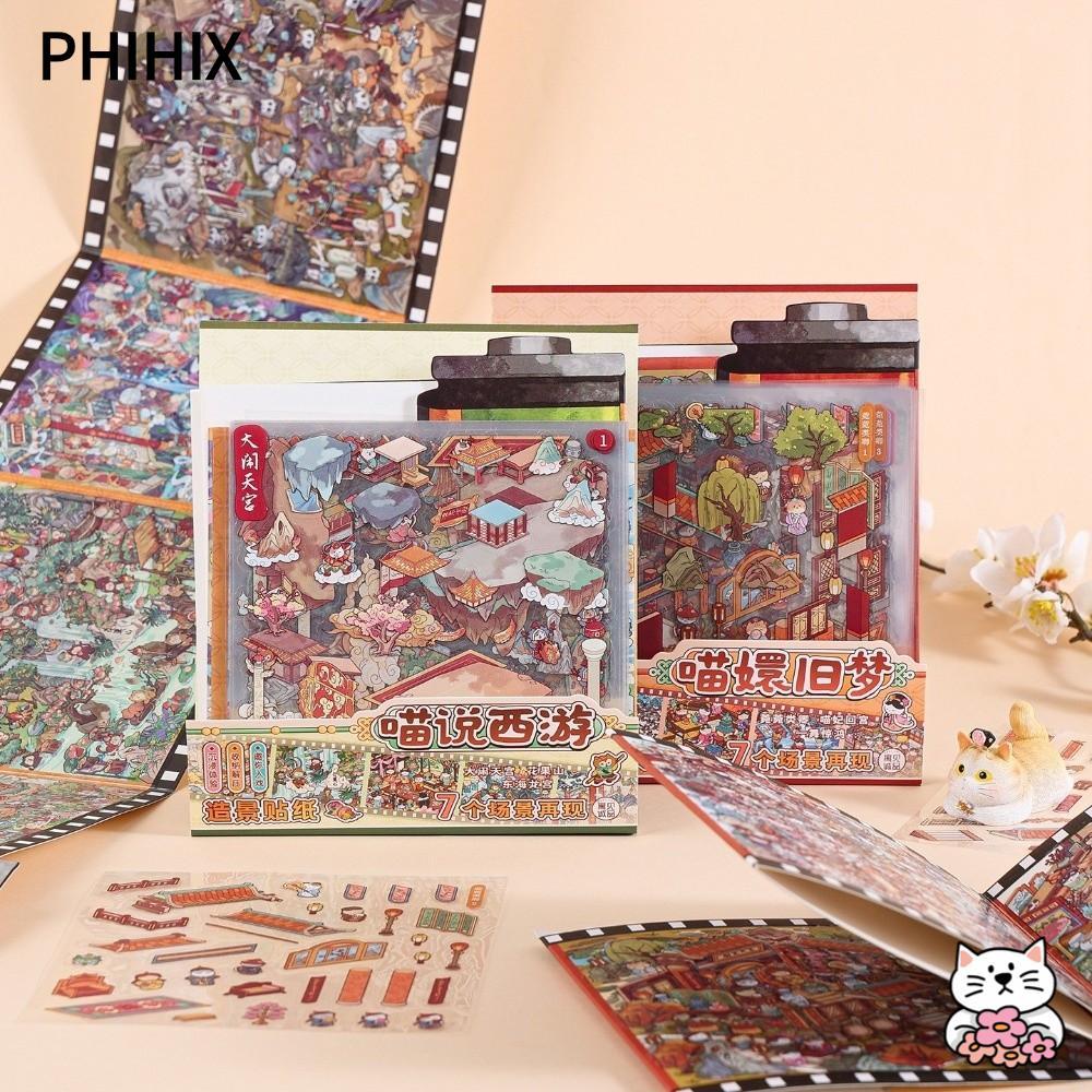 PHHIX Cabin Scene, Kawaii Design Scroll Style DIY Sticker Book, Cartoon Cat Meow Gets Into Character