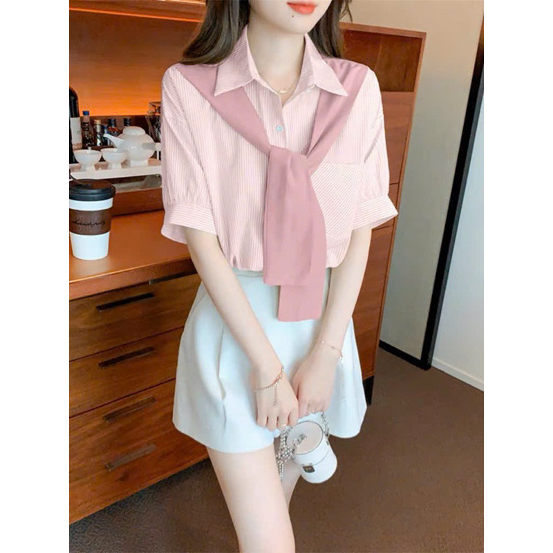 JANG STORE Áo sơ mi kẻ tay cộc kèm khăn may liền áo hàng quảng châu Mã 2735 jang store