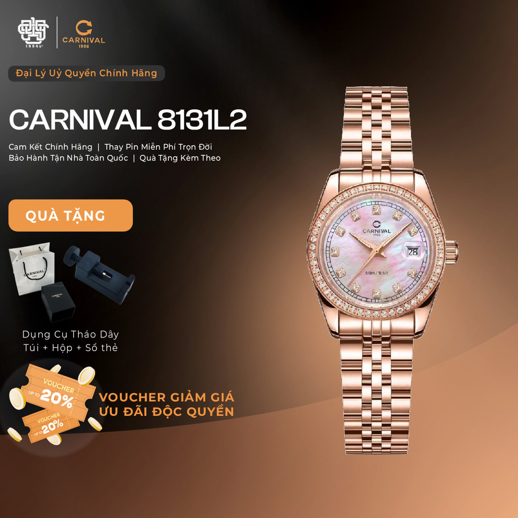 Đồng Hồ Nữ Carnival 8131L2-VH-HK Mặt Xà Cừ Hồng Hàng Chính Hãng 1994s WATCH