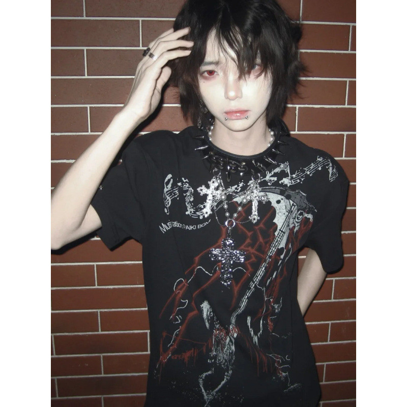 Yabi Style Niche Dark Punk Style y2k Áo thun ngắn tay Văn hóa Châu Á American High Street Heavy Cott