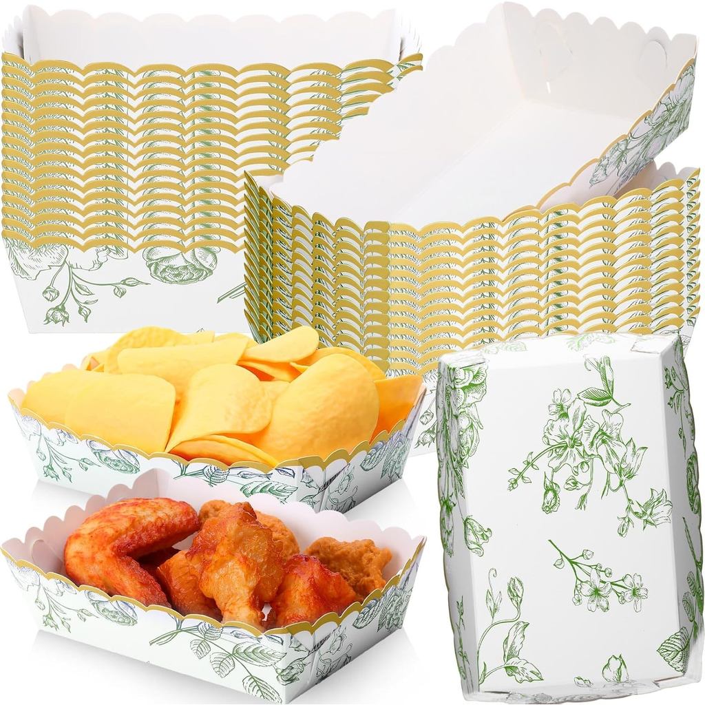 Havawish 48 Gói Sage Đĩa Hoa Xanh Giấy Khay Đựng Thực Phẩm Scalloped Dùng Một Lần Thuyền Nachos Snac