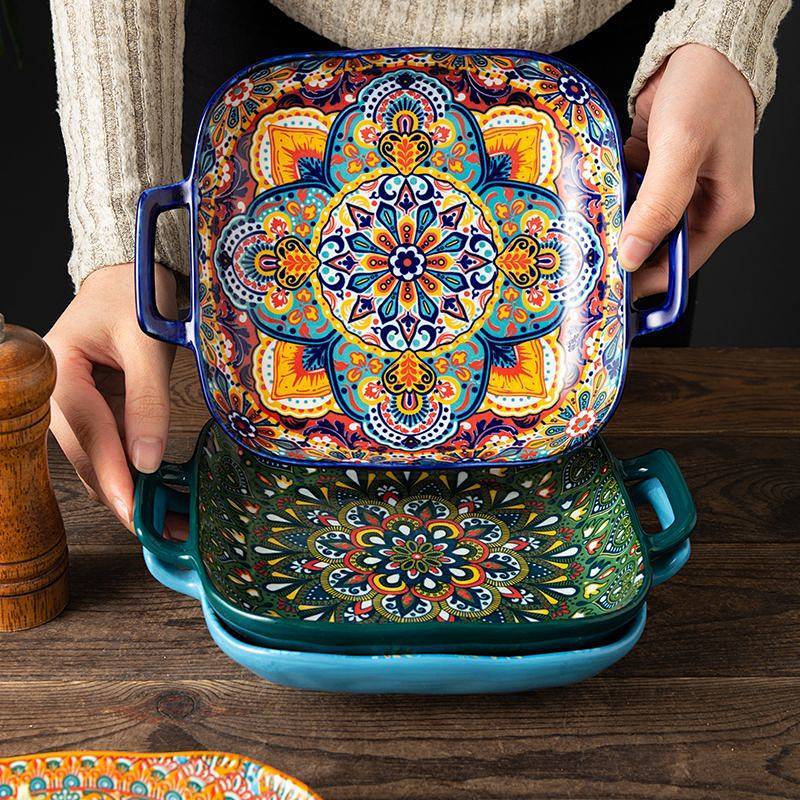 Bohemian Ceramic Binaural Square Plate Household Fruit Salad Dish New Dinner Plate 0sZw