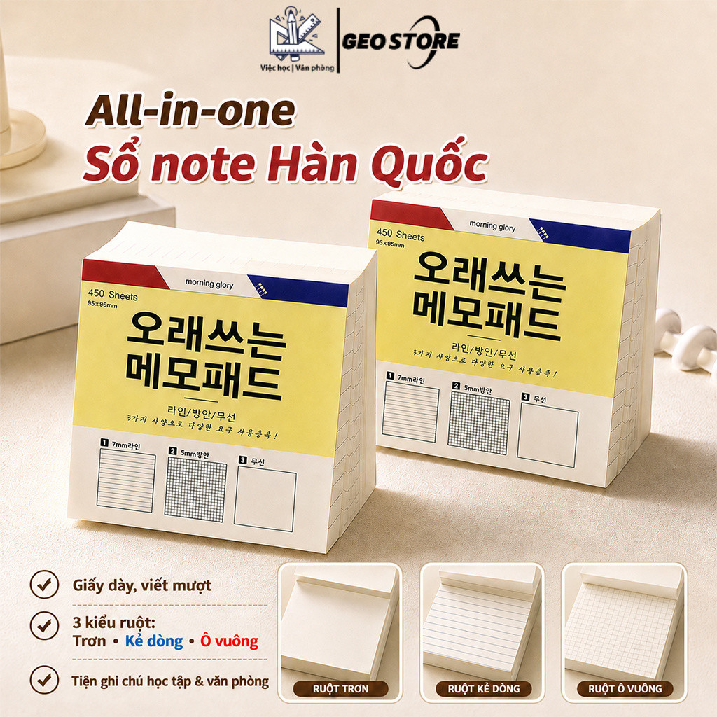 Set 450 Tờ Giấy Ghi Chú Vuông, Giấy Note 85x85mm – 3 Loại Trang, Giấy Dày Mịn – Siêu Nhiều, Đa Năng,