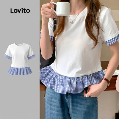 Áo thun nữ Lovito trắng ngà xuân hè ghép vải thanh lịch LK4ED1733