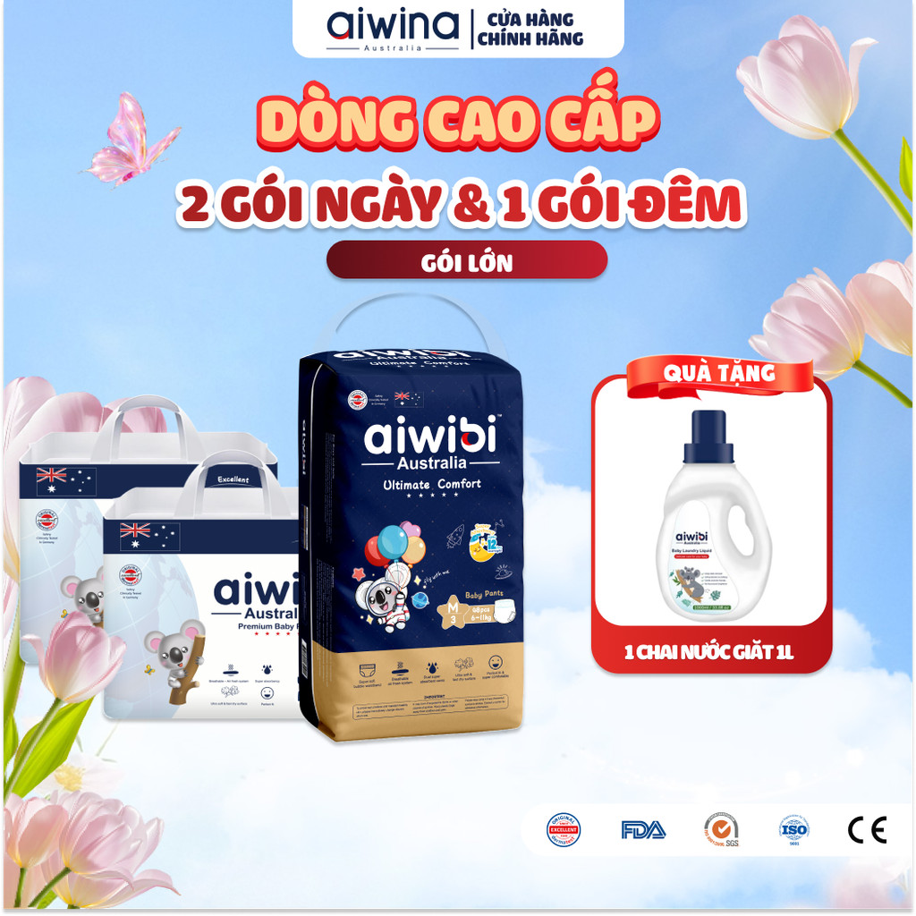 [Combo Ngày & Đêm] Tã/Bỉm Quần Cao Cấp Aiwibi Cho Bé Siêu Thấm Hút - 2 Gói Ngày Lớn + 1 Gói Đêm Lớn