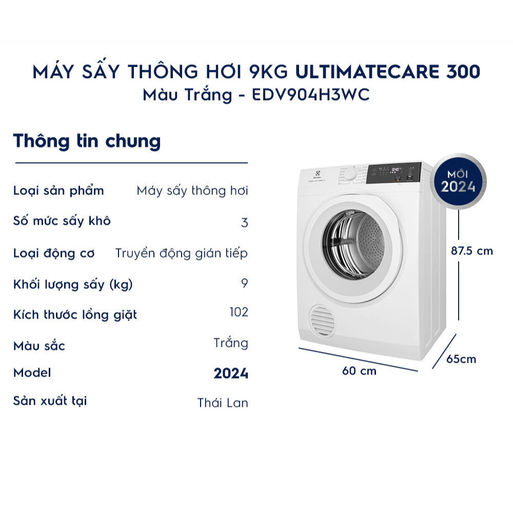 EDV904H3WC - Máy Sấy Thông Hơi Electrolux UltimateCare 9 Kg EDV904H3WC [Freeship CẦN THƠ]