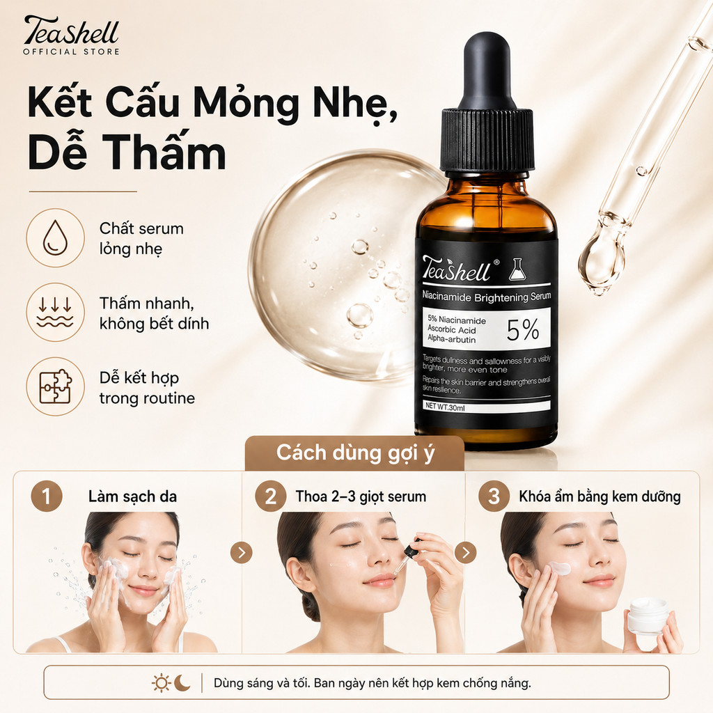 Teashell SERUM LÀM SÁNG 5% Niacinamide + Arbutin 30ml Skin Formula Serum-SpotsBrighte, Giảm Vết Thâm