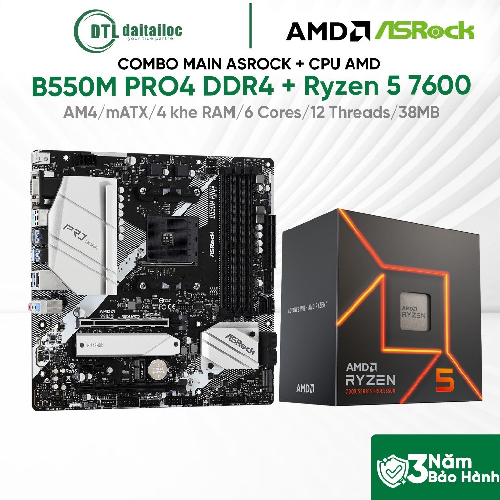 Combo MainBoard Asrock  B550M Pro4 DDR4 + Cpu Ryzen 5 7600 | Chính Hãng | Bảo Hành 36 Tháng