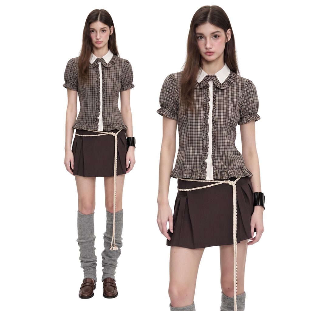 Áo kiểu nữ THE L STUDIOS Brown Plaid Blouse cổ phối kem, tay phồng bèo nhún, form eo vintage
