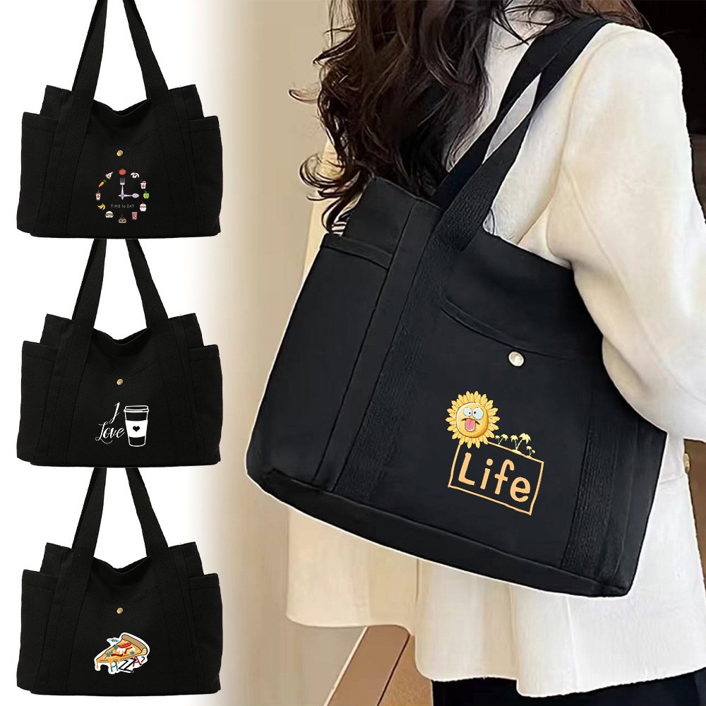 Black zipper bag Large Handbag Canvas Multi Pocket Korean Bag Ins Beg Large Capacity Food Pattern ho