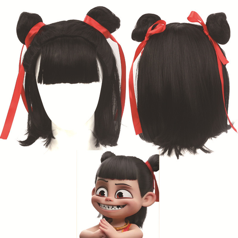 Nezha 's Demon Boy Advent the World cos Nezha Tóc Giả Đôi Bóng Đầu Anime Cosplay Đen Full Mũ Đội Đầu