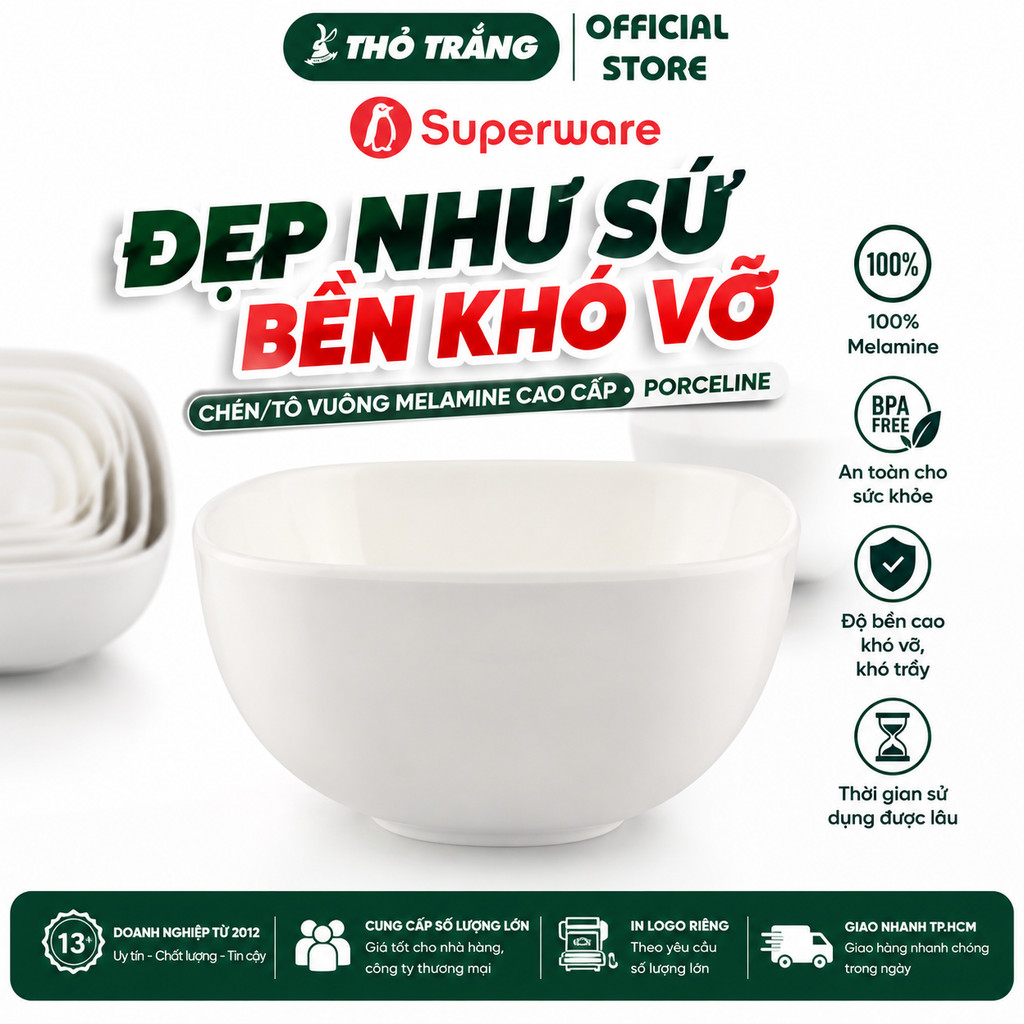 Chén/ Tô vuông nhựa Melamine giả sứ Srithai Superware cao cấp - Porceline