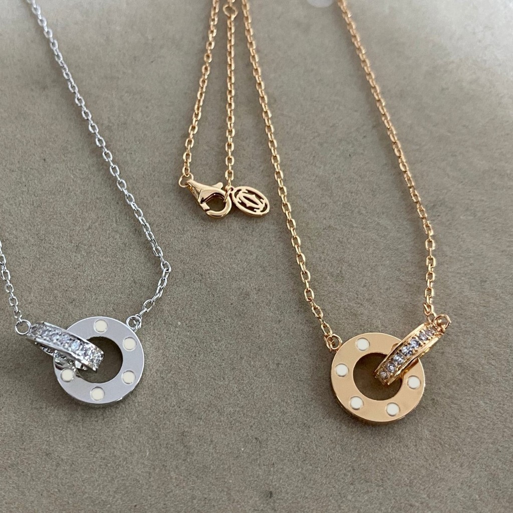 JIKE V Gold double-ring full-diamond necklace with diamond round pendants, elegant and versatile col