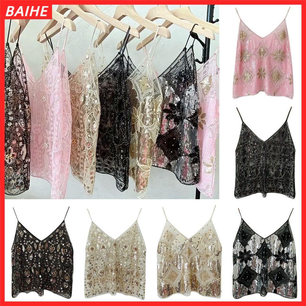 Áo tăng mùa hè BAIHE, Áo ngực dây cổ chữ V mỏng, Bling Bling Bling Sequin Bead Dạo phố Áo Vest Corse