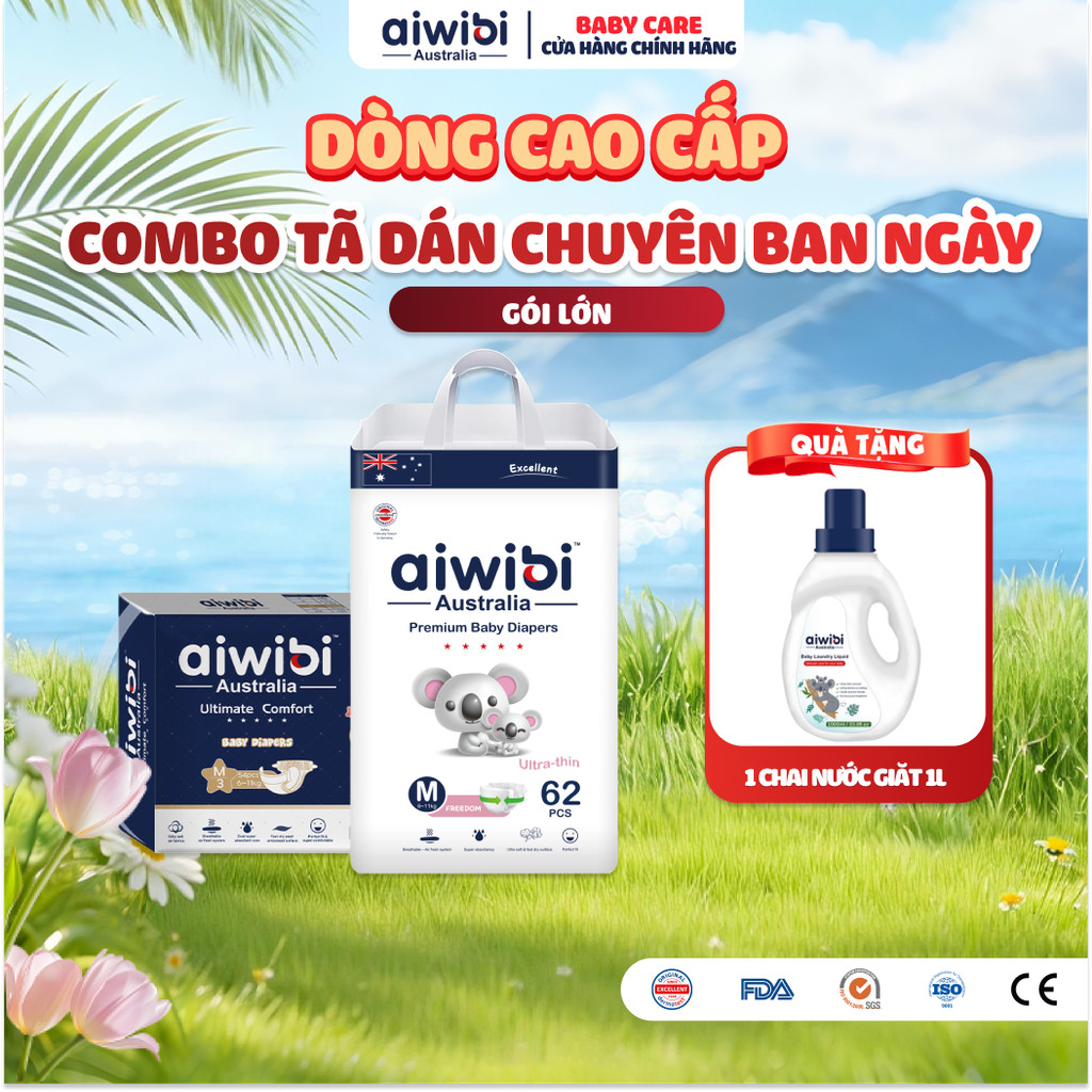 [Combo Chuyên Ngày Đêm] Tã/Bỉm Dán Cao Cấp Aiwibi Cho Bé Siêu Thấm Hút - Gói Lớn